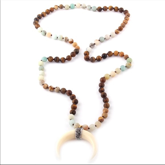 Artisan ox horn pendant natural stone necklace - Picture 2 of 5